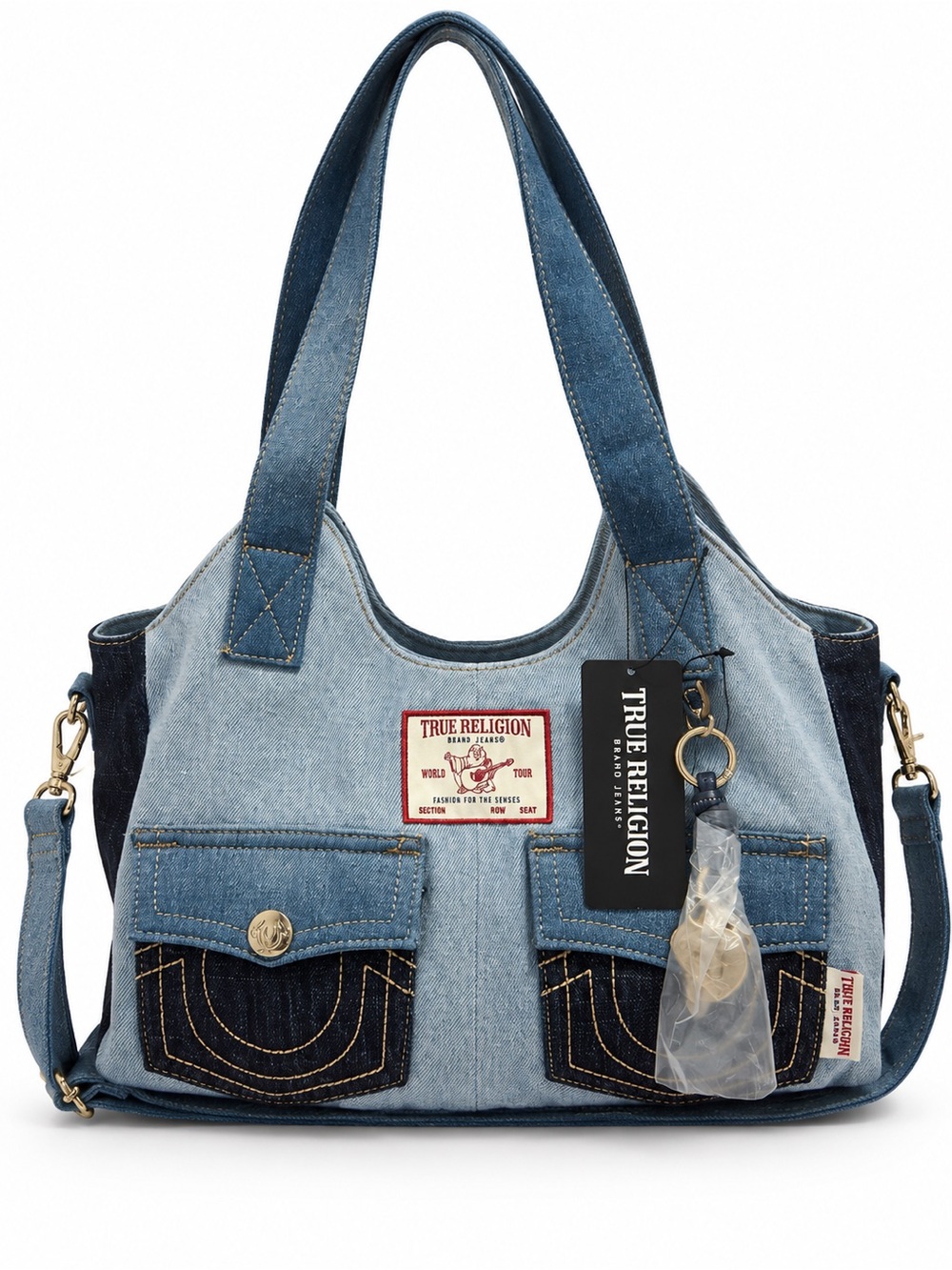 NWT True Religion Two-Tone Denim Shoulder Bag Tote With Charms & Strap